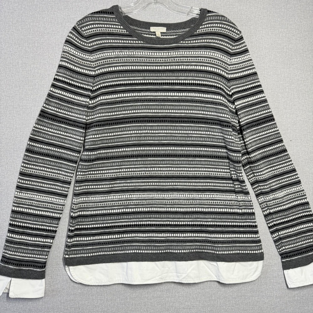 Talbots Sweater Womens Small‎ Gray Striped Layered Shirt Tail Hem Pullover Top